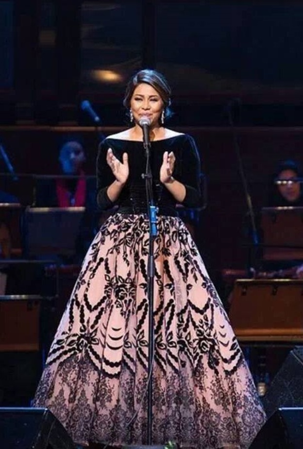 أسلوب ناعم وأميري لشيرين عبد الوهاب على المسرح بفستان من المخمل وقماش الشيفون بتنورة واسعة مطرزة