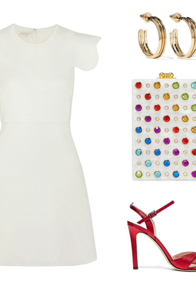 اطلالة رسمية مع شنطة يد باللون الأبيض من ايدي باركر