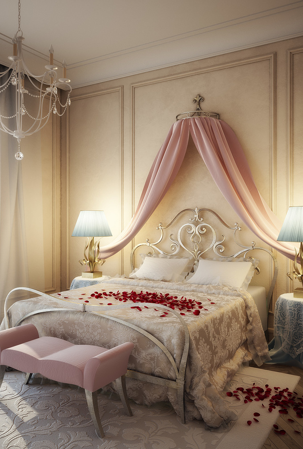 الستارة خلف السرير و الشراشف الكروشيه المنسدلة على الطاولات الجانبية لمسات أنثوية مختلفة و مميزة 