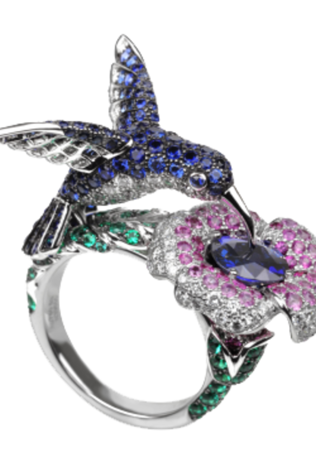 خاتم بوشرون من الذهب الأبيض والرفير الأزرق والزهري والياقوت والماس والزمرد