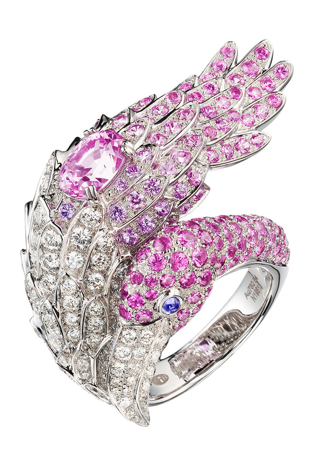 خاتم بوشرون من الذهب الأبيض والماس والياقوت الوردي والزفير الأرجواني