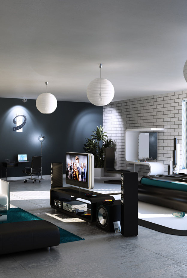 غرفة نوم تتميز بالخطوط المنحنية المعتمدة في تصميم أثاثها 