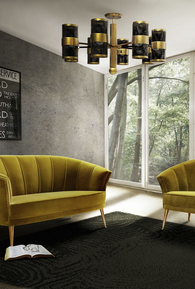 كنب و كرسي من المخمل يتألق باللون الأصفر الغامق