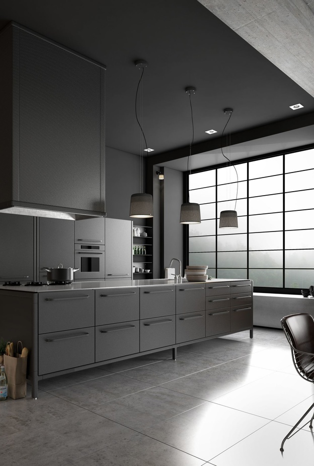 مطبخ يطغى عليه اللون الأسود لون هذا الموسم و يمتاز  بالخزن الطويلة و الأجهزة الكهربائية المخفية من the vipp    