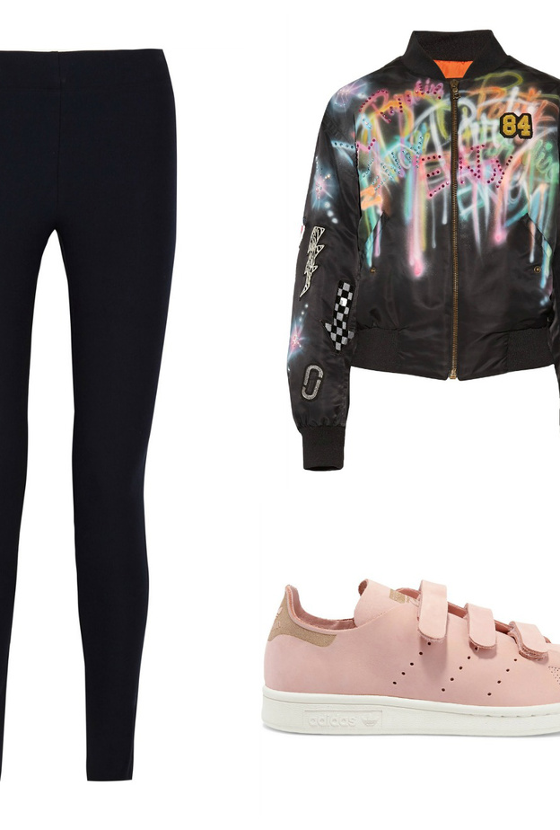 اطلالة مريحة للسفر في البنطلون المطاطي وجاكيت البومبر