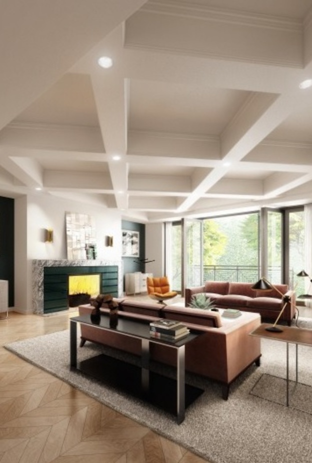 أرضيات رائعة من خشب البلوط و جدران زجاجية و مدفأة أنيقة في غرفة المعيشة