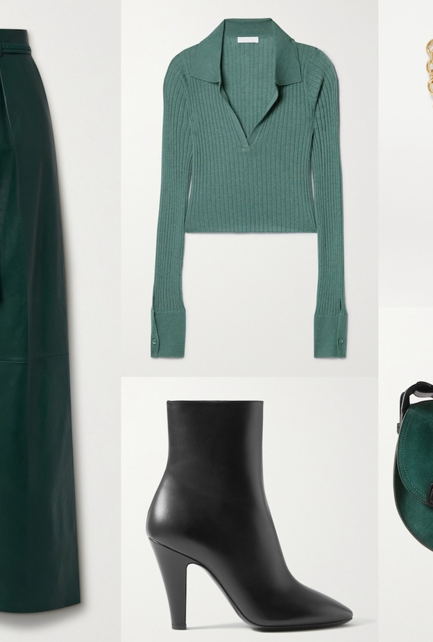 الأخضر الجذاب بإطلالة خريفية بالسروال الجلدي بأسلوب شبابي