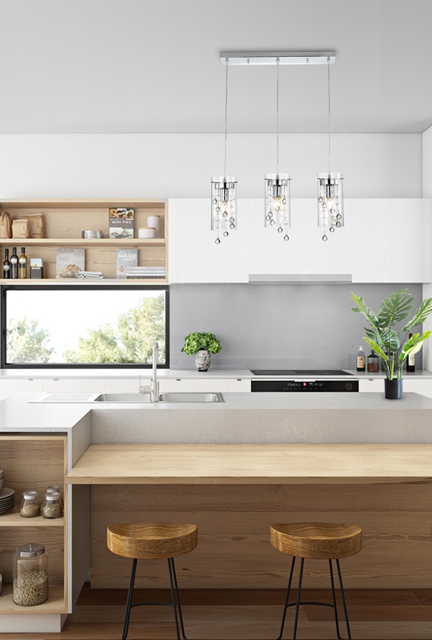 تصميم رائع لجزيرة مطبخ تعتمد على الجمع بين أماكن التخزين، سطح العمل وطاولة طعام