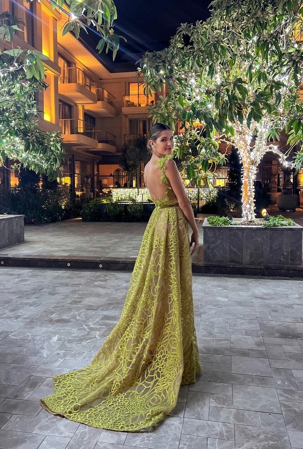 تميّز الفستان بقماشه الشفاف وقصة الظهر المكشوف والحزام المخملي