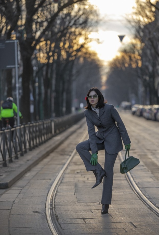 بدلة باللّون الرمادي منسقة بأسلوب عصري