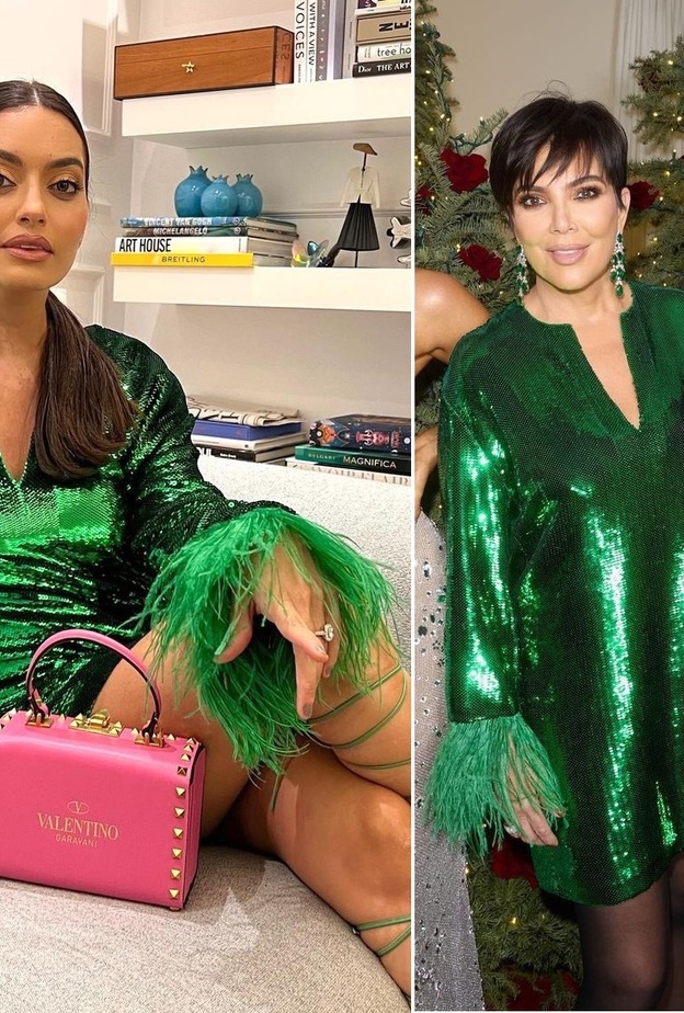 طرق تنسيق الفستان الترتر بأسلوب كارن وازن وكريس جينير بالفستان نفسه