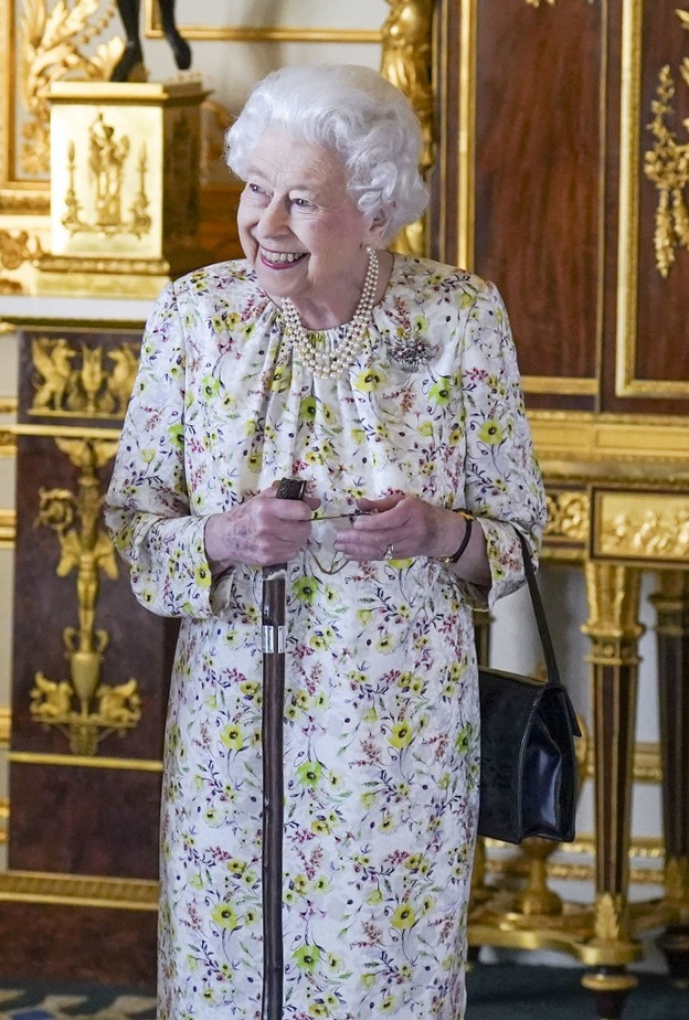 زيّنت الاطلالة بعقد من اللؤلؤ وبروش على شكل سلّة أزهار