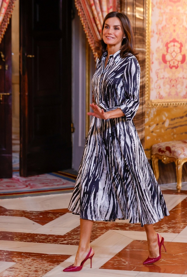 ملكة إسبانيا تظهر بإطلالة عصرية أنيقة بطبعة الخطوط 