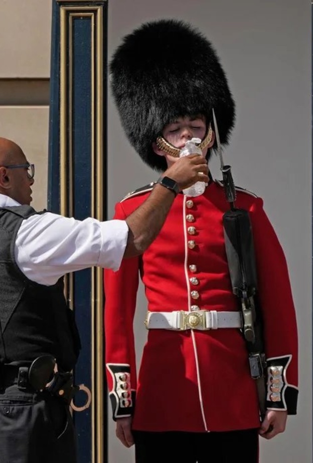 أحد حراس القصر الملكي البريطاني يتلقى شربة ماء بسبب موجة الحر الشديد