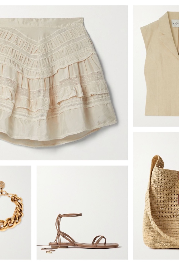 إطلالة اللون الواحد بدرجات البيج بالتنورة الميني