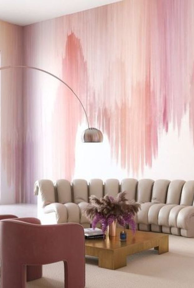 ورق جدران بألوان الباستيل تنسجم مع ديكور غرفة المعيشة