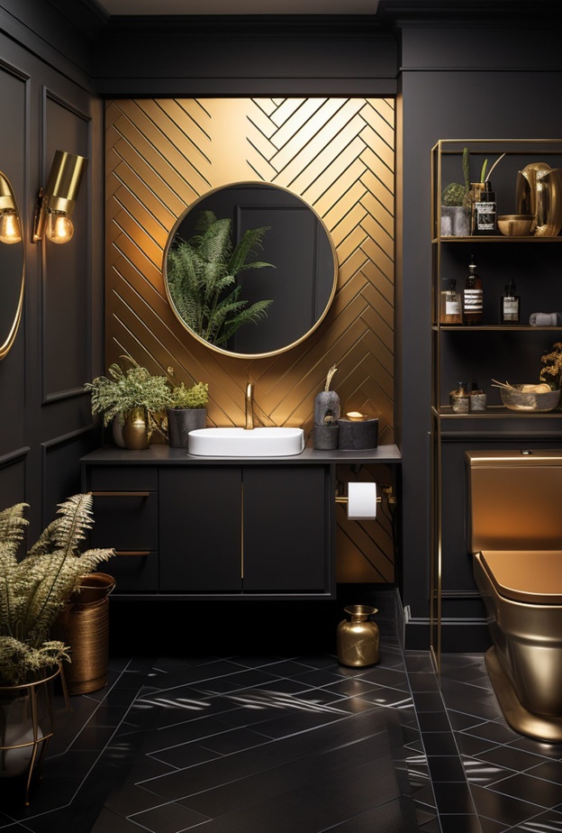 الأسود الجذاب مع بريق الذهبي في ديكورات حمام مميز
