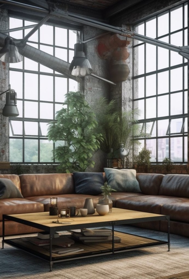 جدار حجري مع الكنب الجلدي لغرفة معيشة  Steampunk 