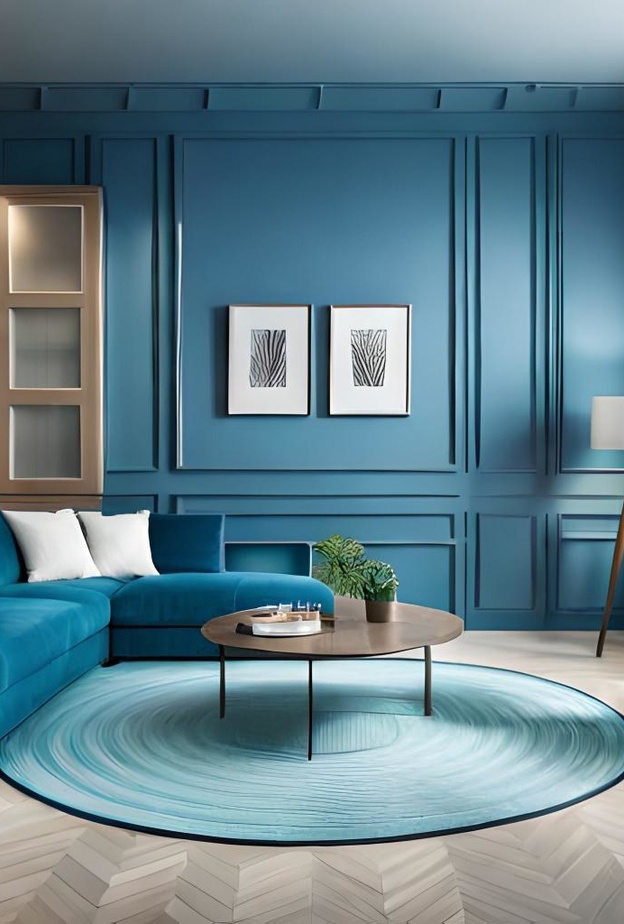 الخشب يدفئ الجدران الزرقاء في غرف المعيشة