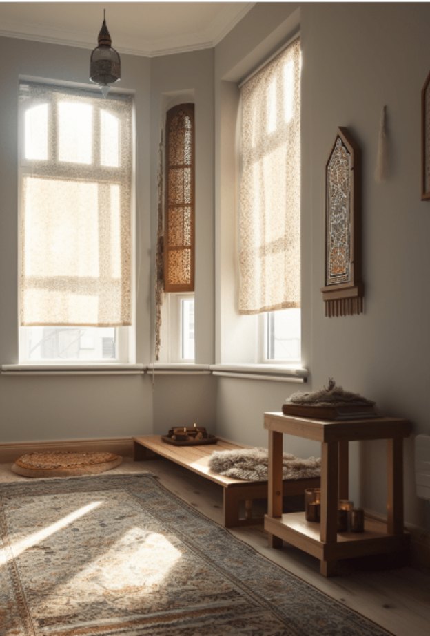 يفضل أن تكون زاوية العبادة محتوية على نافذة مزينة بستارة شفافة للسماح للضوء الطبيعي بملء المساحة