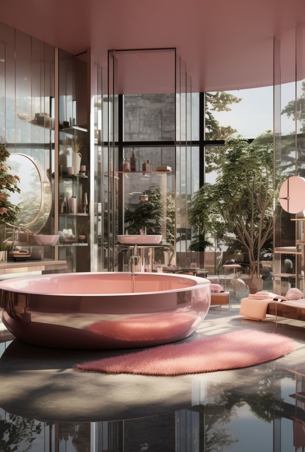 حمام فخم يتميز بحوض الاستحمام باللون الوردي