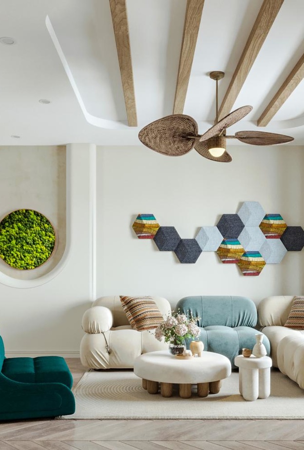 تصميم سقف غرفة المعيشة بأسلوب ريفي عصري