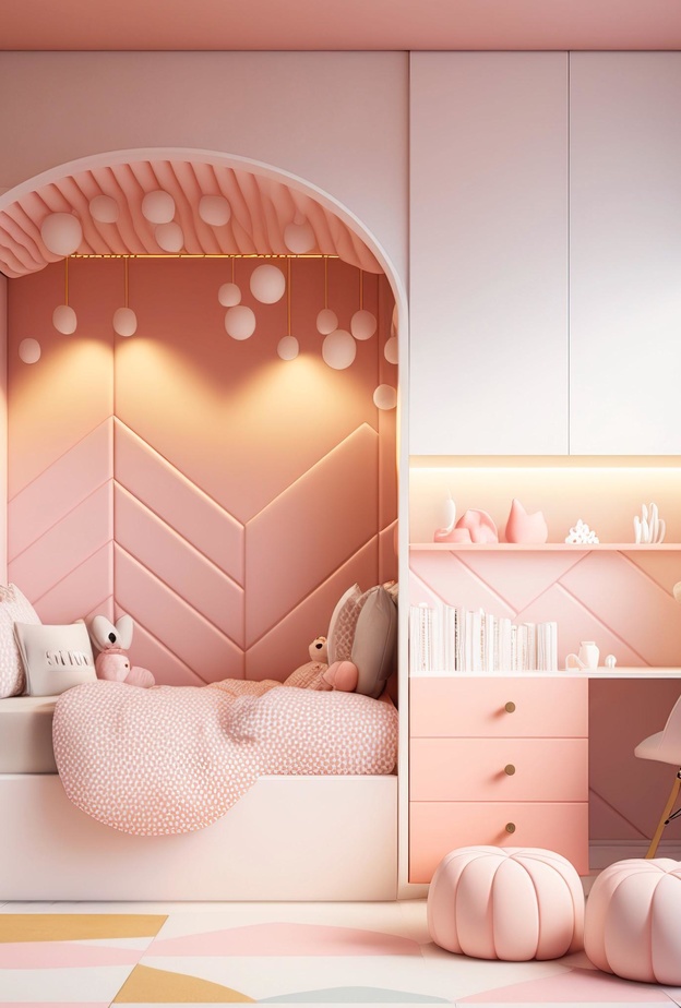 غرفة نوم أطفال باللون الوردي الباستيل وبدرجة ناعمة ودافئة