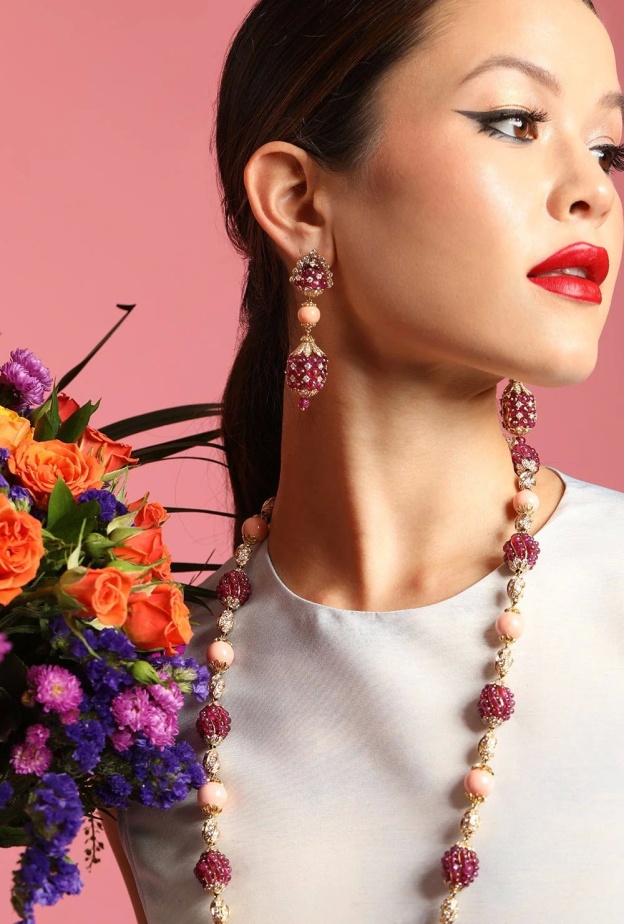 DAVID WEBB- Ruby Coral Bead Diamond Earrings