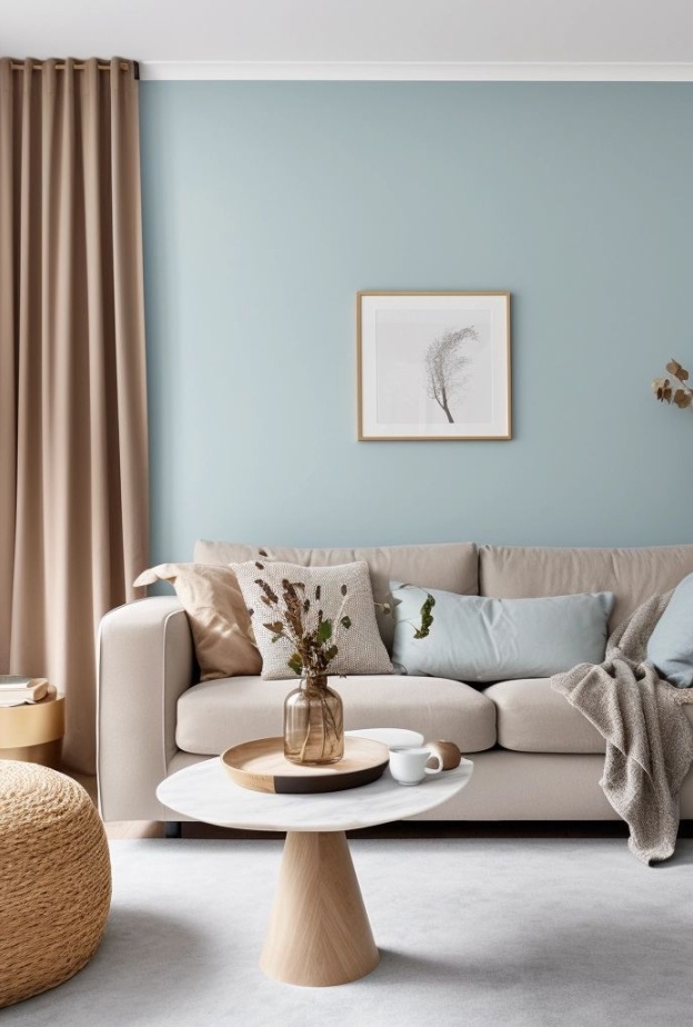 بدلا من الأزرق البحري الداكن لجدران غرفة المعيشة، يمكن اختيار الدرجة الباهتة الـPale Blue