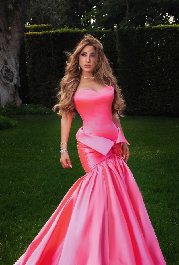 نجوى كرم بفستان حريري رقيق باللون الزهري