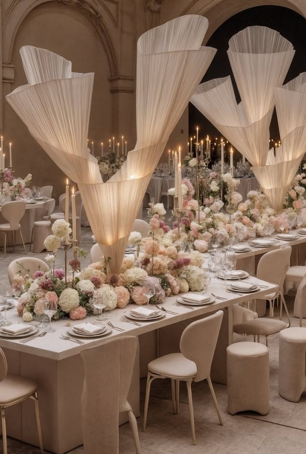 زينة طاولات بيج من Aira Weddings & Corporate