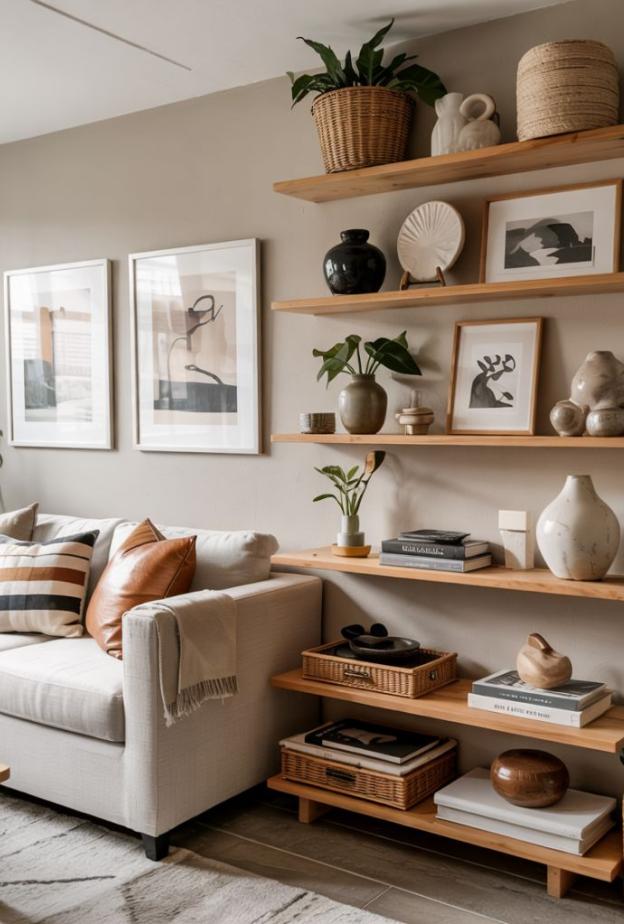 عندما تنسق بعناية، تصبح الأرفف ميزة تصميمية تضيف شخصية ودفء للمساحات