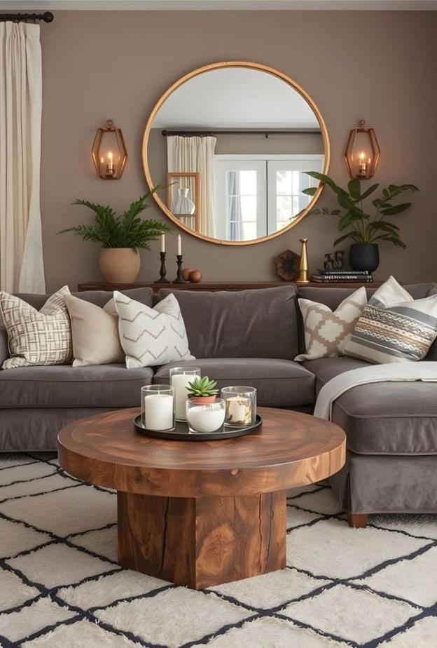 غرفة معيشة مزينة بطاولة قهوة ومرآة دائرية