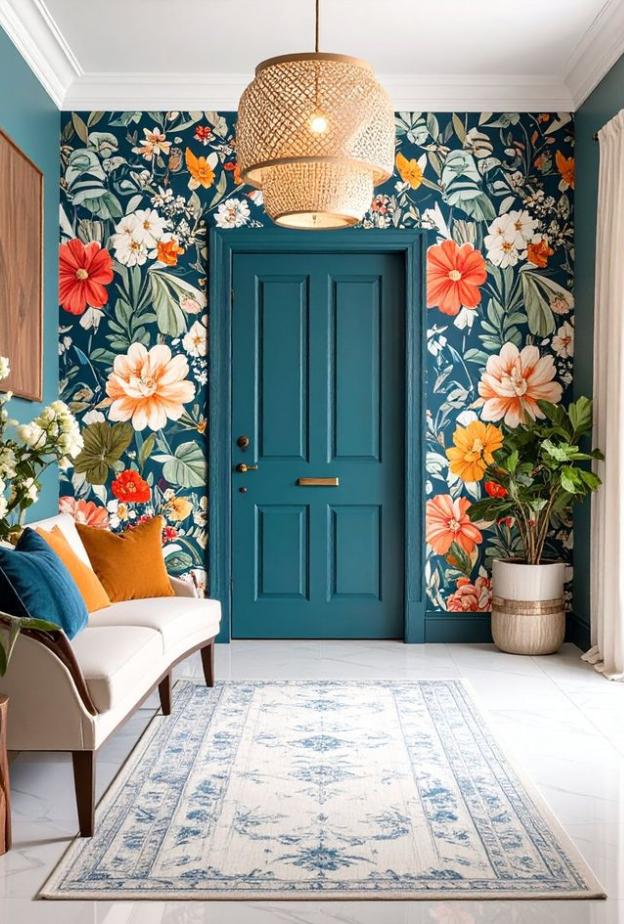 يفضل الخبراء تزيين المدخل بورق الحائط ذو النقوش الكبيرة لخلق انطباع أول لا يُنسى