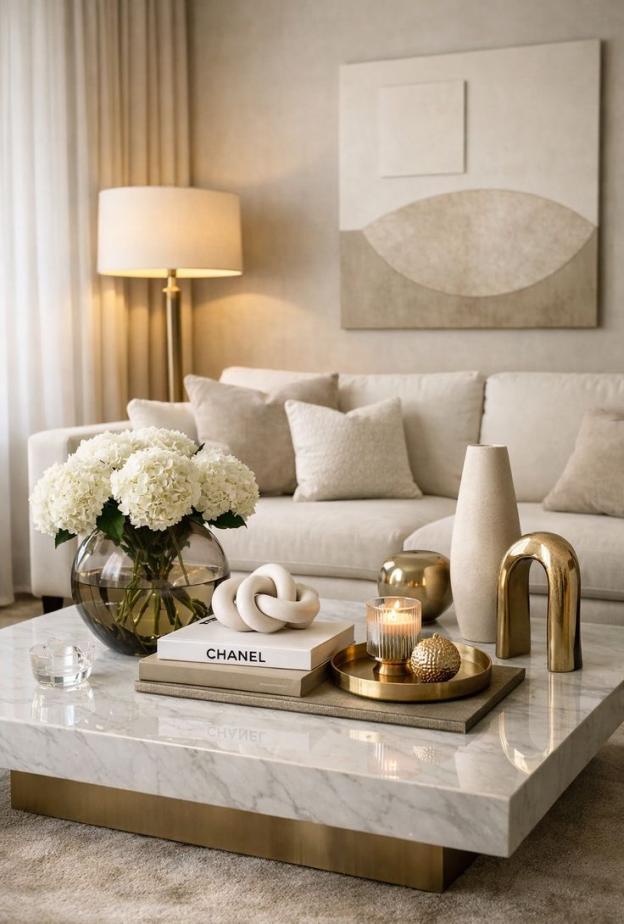 طاولة قهوة مركزية مزينة بإكسسوارات مميزة