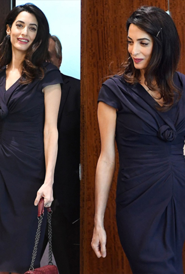 أمل كلوني ترتدي بفستان كحلي داكن مع قصة الـV المزمومة التي ترتبط بوردة عصرية