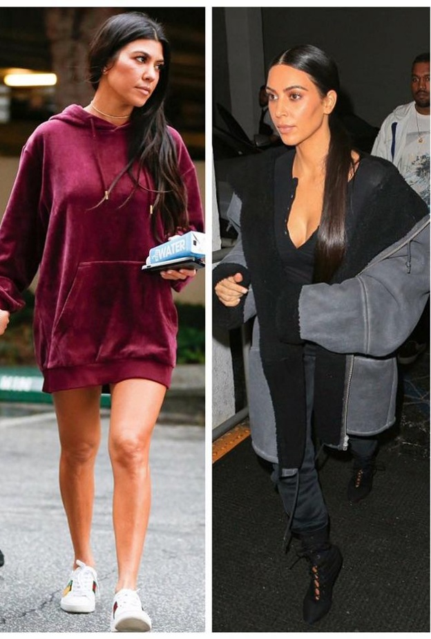 شاهدنا كورتني كارداشيان وقد اختارت سويتشيرت فضفاضة باللون العنابي من المخمل مع حذاء رياضي من غوتشي