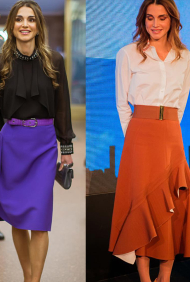 الملكة رانيا لا تهمل ارتداء التنانير الطويلة مع القميص الكلاسيكي