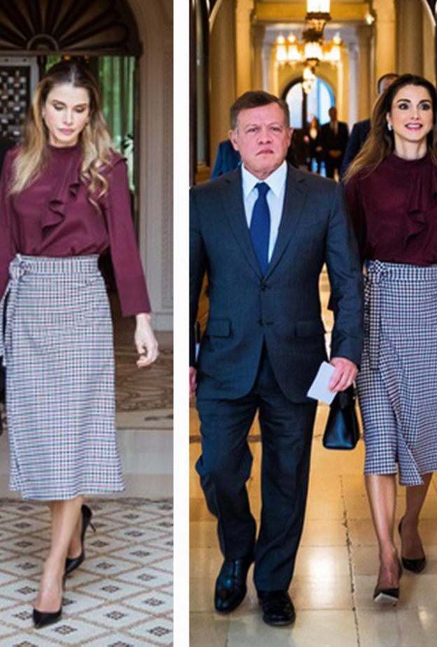 الملكة رانيا لا تتخلى عن تنانير الكارو الكلاسيكية