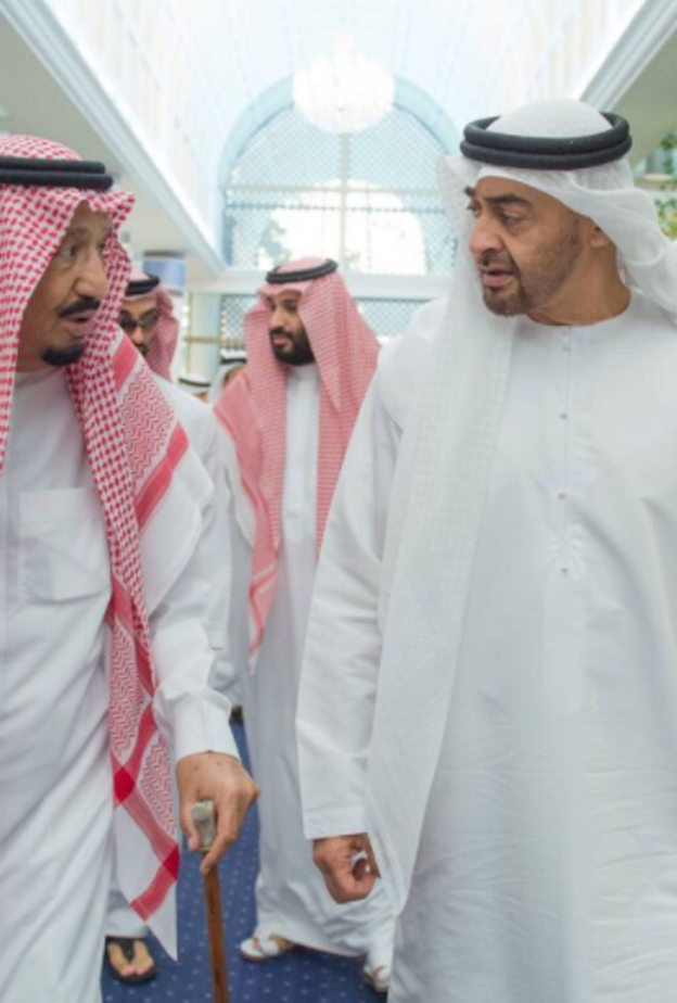 خادم الحرمين الشريفين الملك سلمان بن عبدالعزيز آل سعود برفقة الشيخ محمد بن زايد آل نهيان ولي عهد أبو ظبي