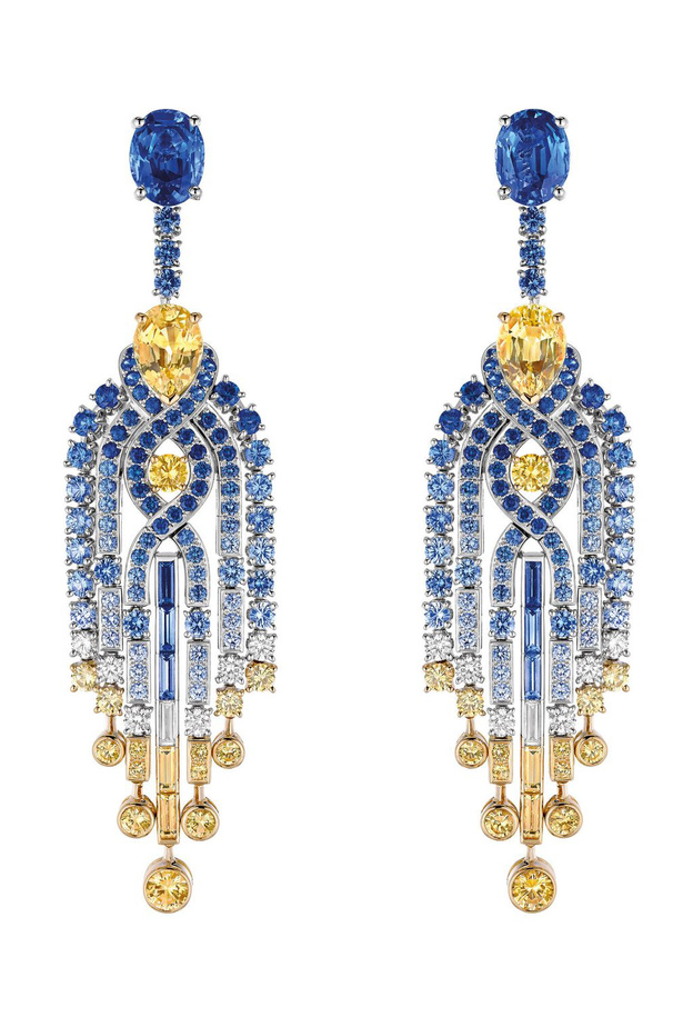 اقراط شوميه باالماس و الياقوت الازرق والاصفر  من مجموعة Lumières d'Eau