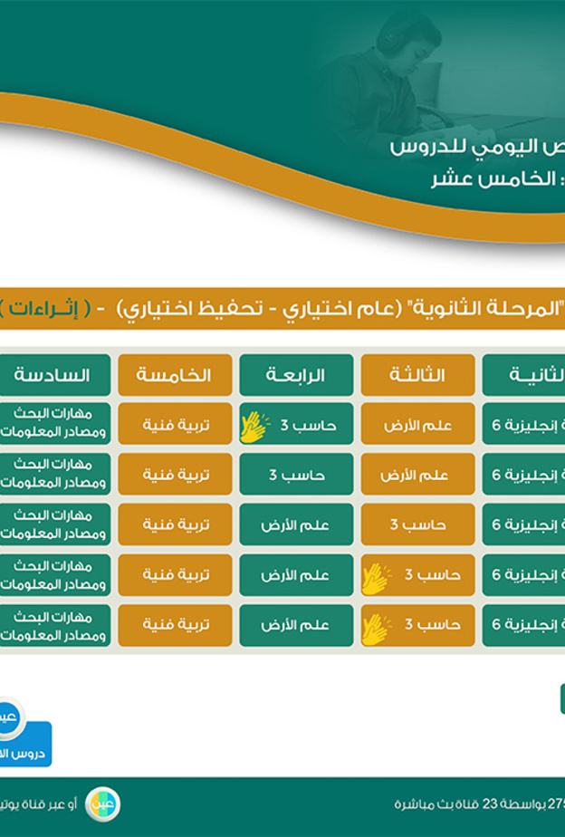 قناة عين جدول دروس الحصص اليومية للمرحلة الثانوية من الاسبوع الـ 15