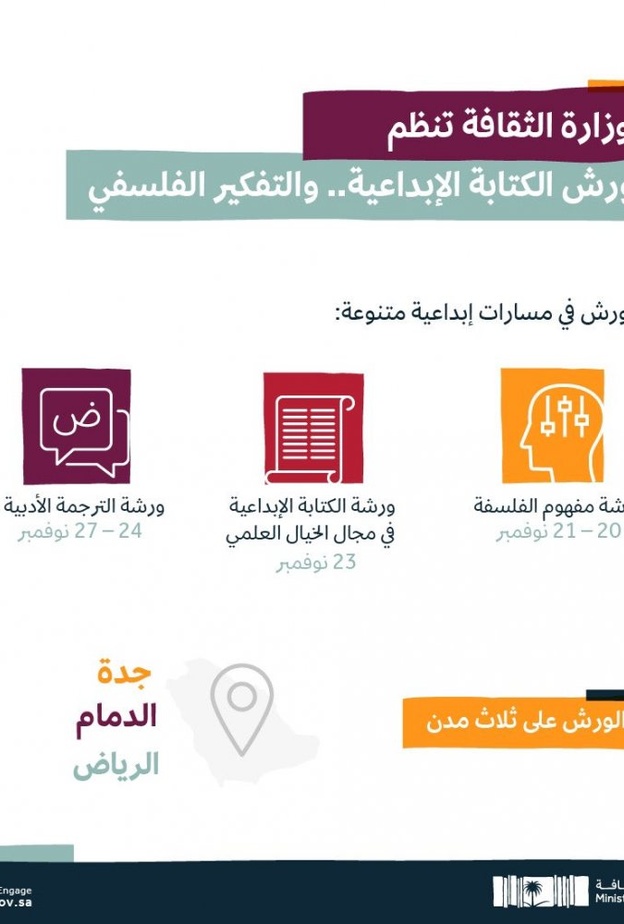 وزارة الثقافة السعودية .. تنظم 3 ورش عملية في الأدب والفلسفة