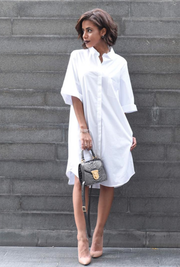 ارتدت ناديا الفستان القميص بأسلوب أنيق