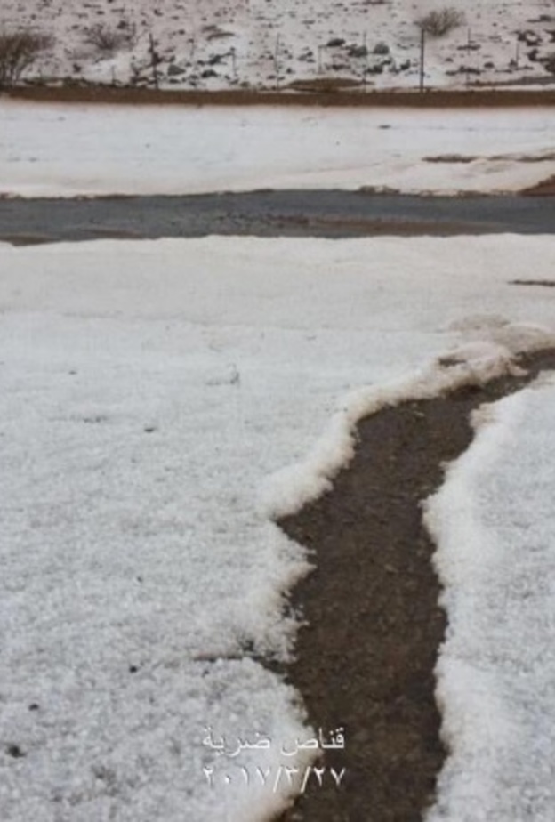 حبات البرد تغطي مساحات واسعة.