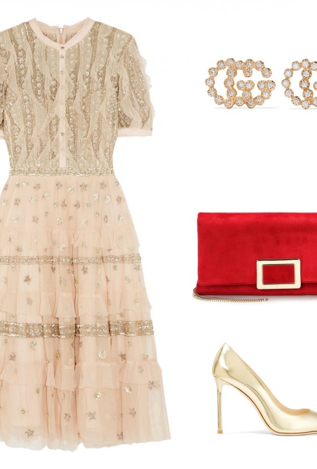 اطلالة أنثوية للسهرة في فستان مزين بالكشكش