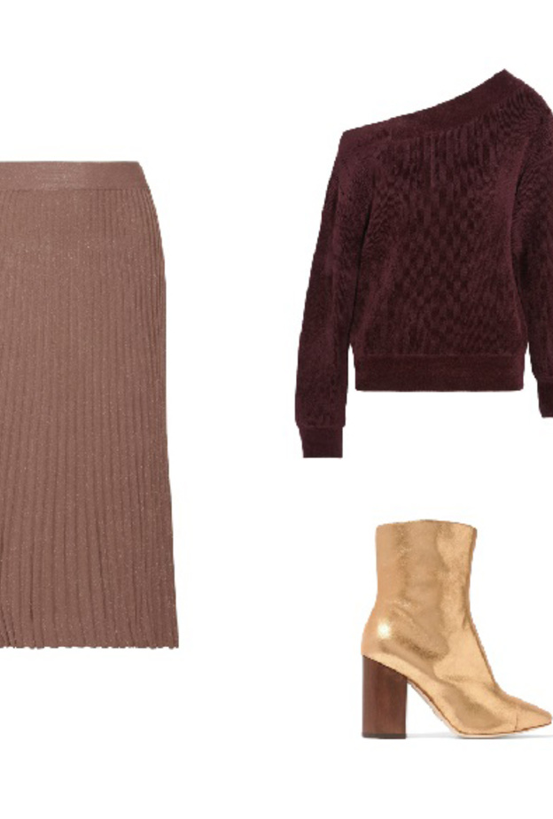 اطلالة بالتنورة الميدي بألوان الخريف الهادئة