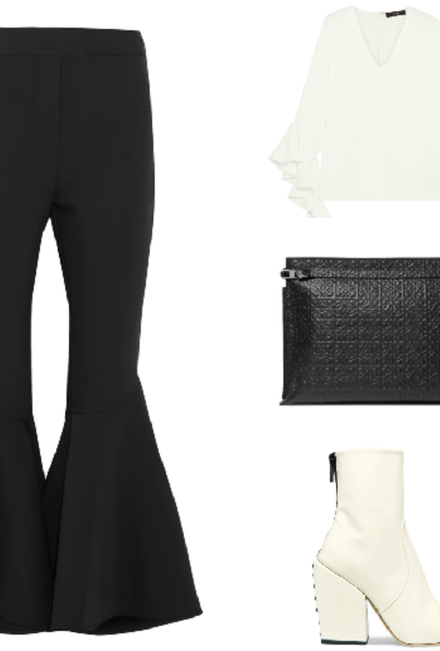  نسقي المعطف الأسود الشتوي مع الفستان الأبيض والحقيبة البيضاء.