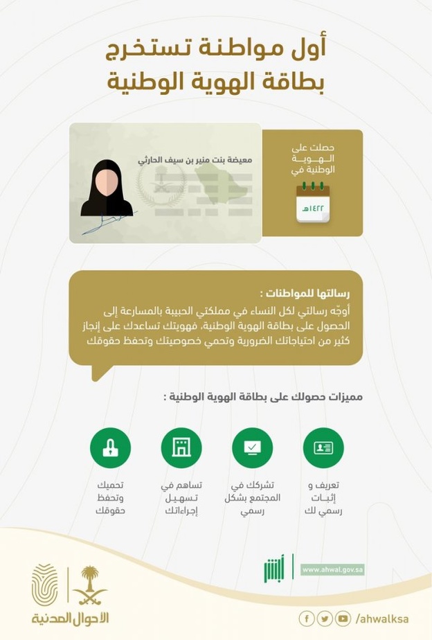 معيضة الحارثي أول سعودية تصدو الهوية الوطنية 