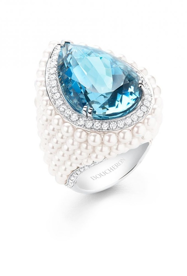 خاتم بوشرون الماس و لؤلؤ وحجر أكوامارين 